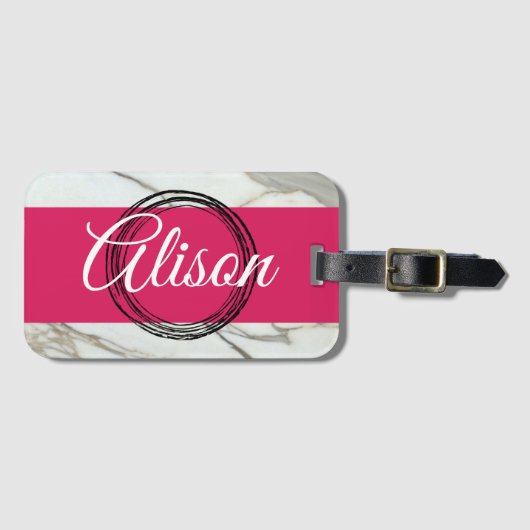 白い大理石と明るい赤紫色のピンクガーリーの名前を追加 ラゲッジタグ (正面横)