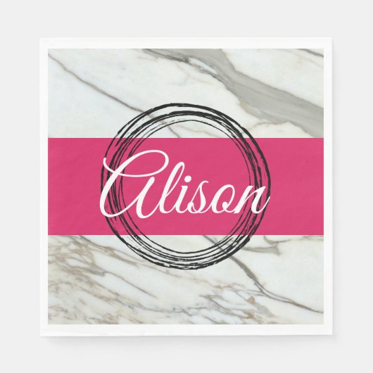白い大理石と明るい赤紫色ピンクの名前を追加 スタンダードランチョンナプキン (正面)