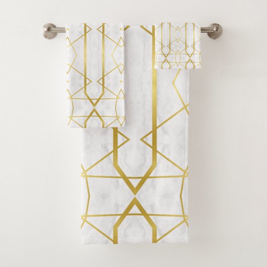 白い大理石と金ゴールドの幾何学的パターン バスタオルセット (インサイチュ)