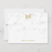 白い大理石と金ゴールドの蝶パーソナライズされた ノートカード (正面)