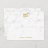 白い大理石と金ゴールドの蝶パーソナライズされた ノートカード (正面/裏面)