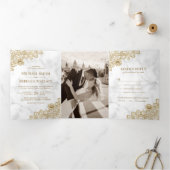 白い大理石と金ゴールドレ結婚ースの写真 三つ折り招待状 (内部)