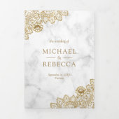 白い大理石と金ゴールドレ結婚ースの写真 三つ折り招待状 (カバー)