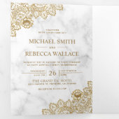 白い大理石と金ゴールドレ結婚ースの写真 三つ折り招待状 (内部最初)