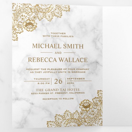 白い大理石と金ゴールドレ結婚ースの写真 三つ折り招待状 (内部最初)