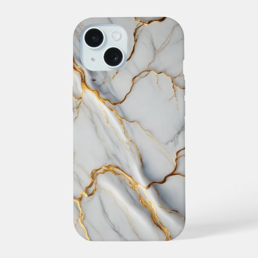 白い大理石と金ゴールド静脈 iPhone 15ケース (裏面)