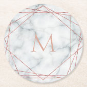 白い大理石に多角形バラ金ゴールドモノグラム ラウンドペーパーコースター (正面)