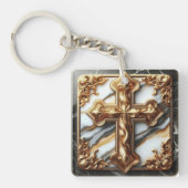 白い大理石に彫られたエテリアール十字架 キーホルダー (正面)