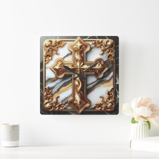 白い大理石に彫られたエテリアール十字架 スクエア壁時計 (ホーム)