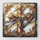 白い大理石に彫られたエテリアール十字架 スクエア壁時計 (正面)