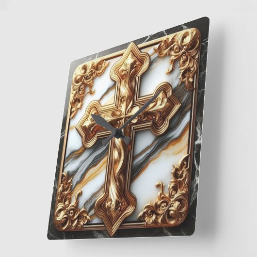 白い大理石に彫られたエテリアール十字架 スクエア壁時計 (傾斜)