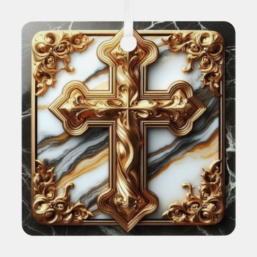 白い大理石に彫られたエテリアール十字架 メタルオーナメント (正面)