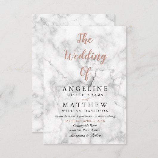 白い大理石のばら色の金ゴールドのモダンの結婚式招待状 招待状 (正面/裏面)