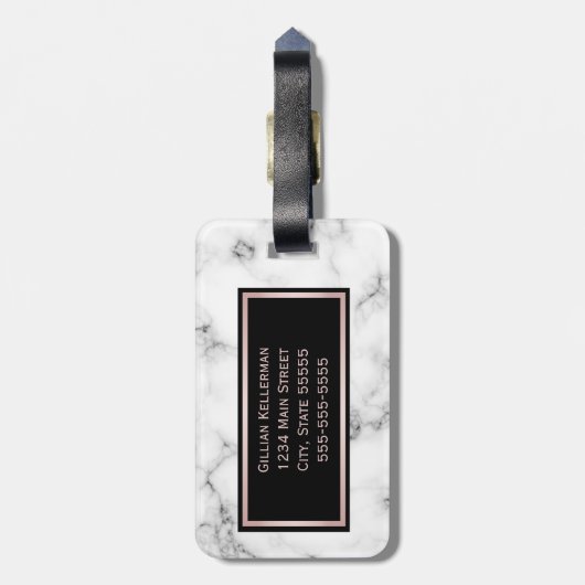 白い大理石のばら色の金ゴールドのモノグラムのな名前 ラゲッジタグ (裏面縦)