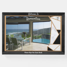 白い大理石のオフセット(オニキス付き)黒抽象芸術 ゲストブック