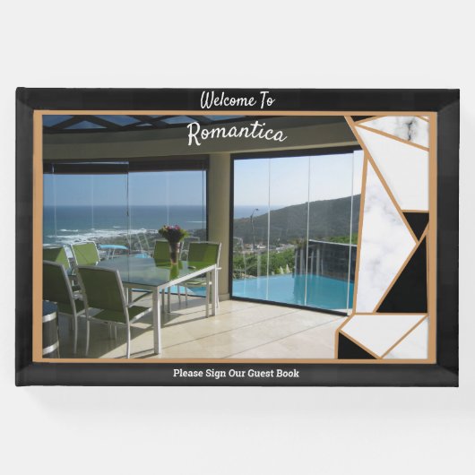 白い大理石のオフセット(オニキス付き)黒抽象芸術 ゲストブック (正面)