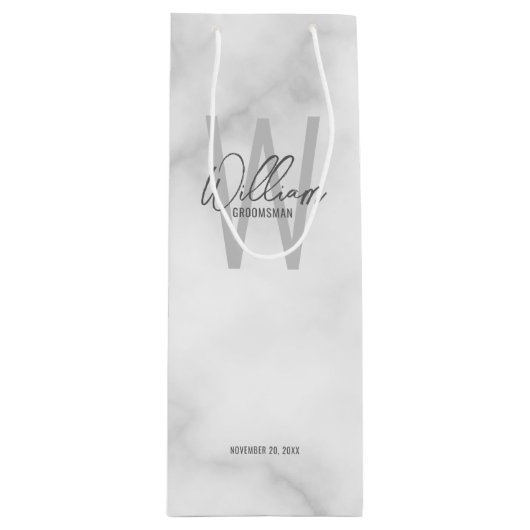 白い大理石のパーソナライズされたスクリプトグロムスマンの名前 ワインギフトバッグ (正面)