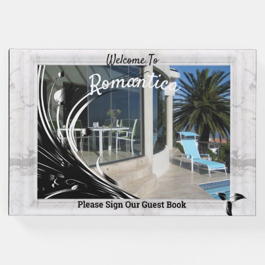 白い大理石のフォトフレーム（黒） ゲストブック (正面)
