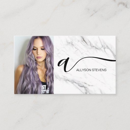 白い大理石のヘアメイクアップ写真イニシャルqrコード 名刺 (正面)