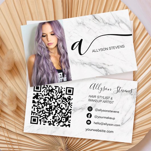白い大理石のヘアメイクアップ写真イニシャルqrコード 名刺