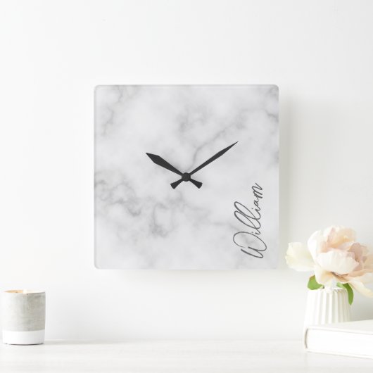 白い大理石のモダンスクリプパーソナライズされたト名 スクエア壁時計 (ホーム)