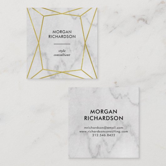 白い大理石の一見で幾何学的なモダンでフェイクな金ゴールド スクエア名刺 (正面/裏面)