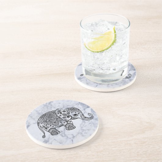 白い大理石の上にかわいい黒いフローラゾウ コースター (側面)