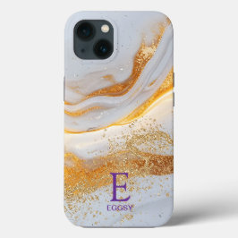 白い大理石の上品なゴールドラメモノグラム iPhone 13ケース