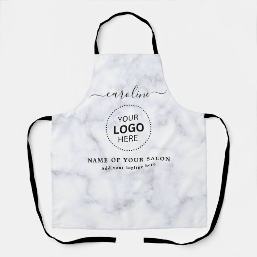 白い大理石の名前とロゴの髪のサロンエプロン エプロン (正面)