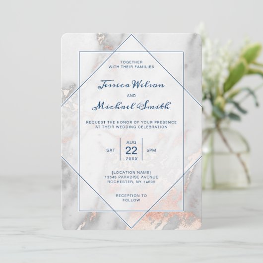 白い大理石の濃紺のバラの金ゴールドのエレガントな結婚式 招待状 (スタンド正面)