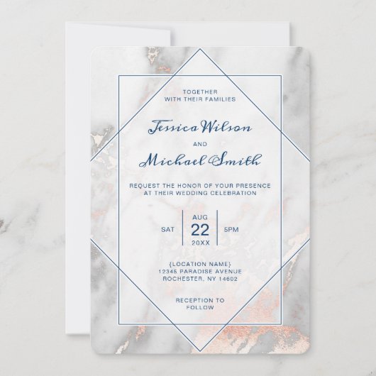 白い大理石の濃紺のバラの金ゴールドのエレガントな結婚式 招待状 (正面)