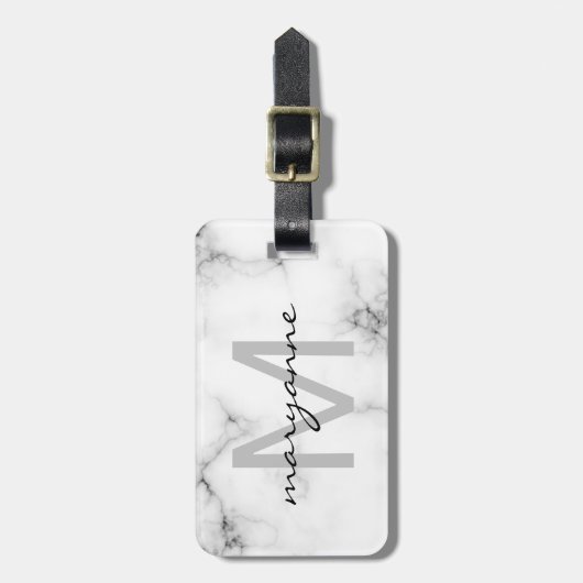 白い大理石の灰色の黒い原稿のモノグラムのなイニシャル ラゲッジタグ (正面縦)