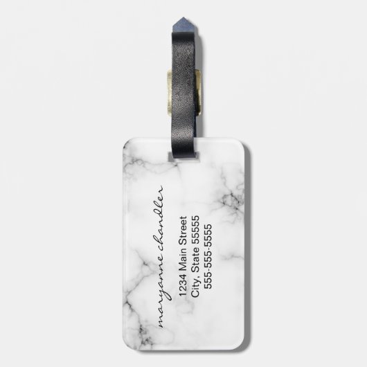 白い大理石の灰色の黒い原稿のモノグラムのなイニシャル ラゲッジタグ (裏面縦)