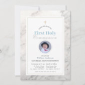 白い大理石の男の子の写真最初の聖なる聖餐式 招待状 (正面)