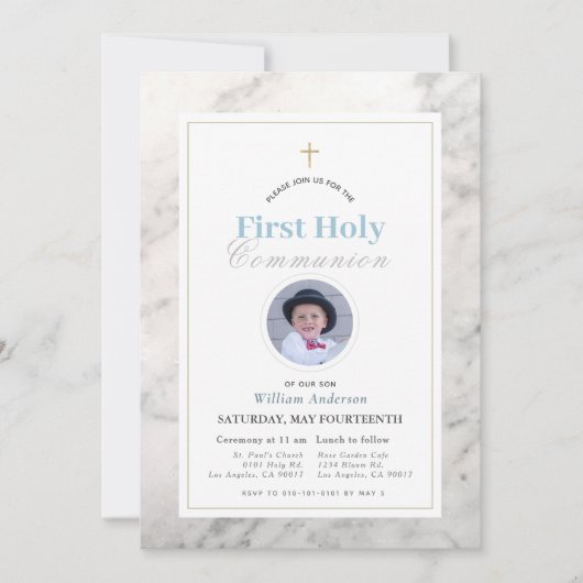 白い大理石の男の子の写真最初の聖なる聖餐式 招待状 (正面)