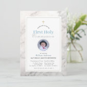 白い大理石の男の子の写真最初の聖なる聖餐式 招待状 (スタンド正面)