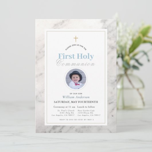 白い大理石の男の子の写真最初の聖なる聖餐式 招待状 (スタンド正面)
