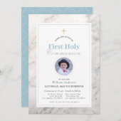 白い大理石の男の子の写真最初の聖なる聖餐式 招待状 (正面/裏面)