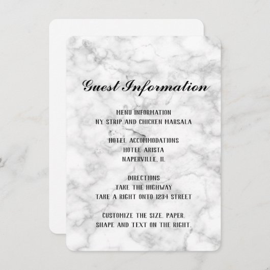 白い大理石の結婚式は情報カードを詳しく述べます エンクロージャーカード (正面/裏面)