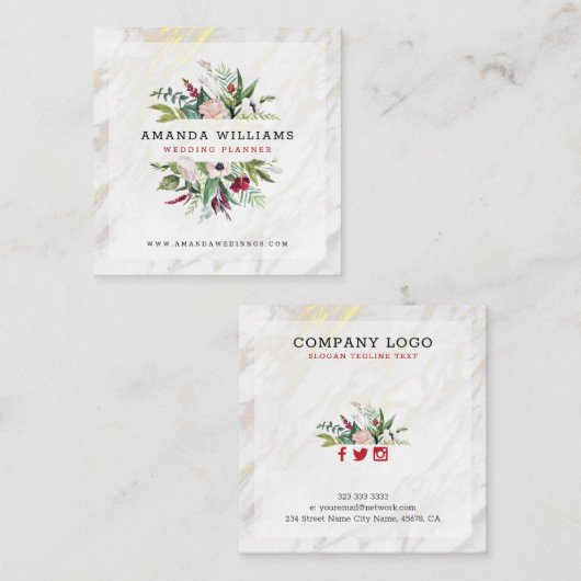 白い大理石の高級フローラと金ゴールドアクセント スクエア名刺 (正面/裏面)