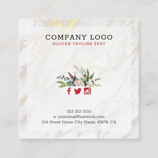 白い大理石の高級フローラと金ゴールドアクセント スクエア名刺 (裏面)