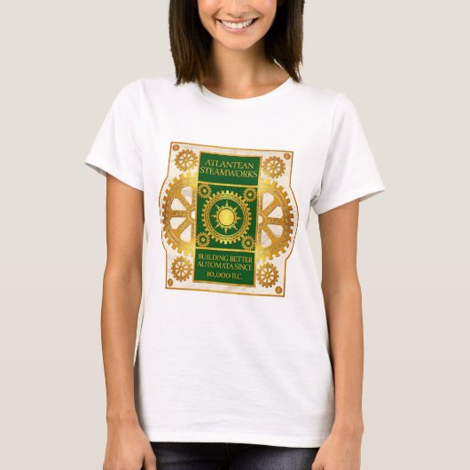 白い大理石のAtlantean Steamworks金ゴールド及び緑 Tシャツ (正面)