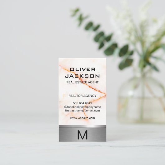 白い大理石テクスチャシルバーメタリックトリム 名刺 (スタンド正面)