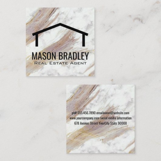 白い大理石テクスチャ |屋根アイコン スクエア名刺 (正面/裏面)