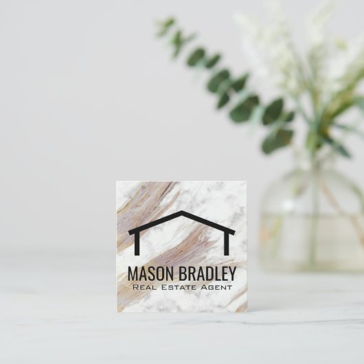 白い大理石テクスチャ |屋根アイコン スクエア名刺 (スタンド正面)