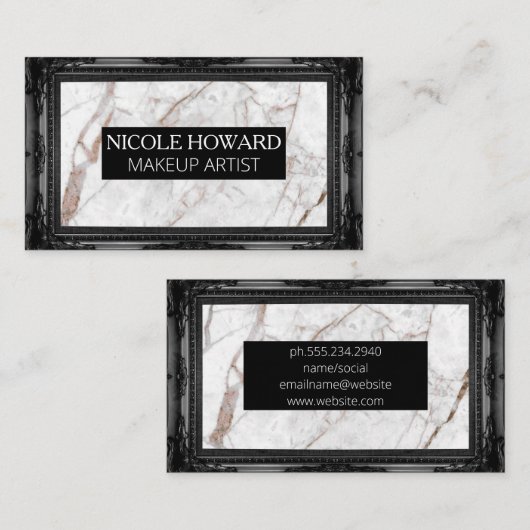 白い大理石テクスチャ |黒いフレファンシーーム 名刺 (正面/裏面)