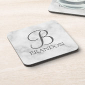 白い大理石パーソナライズされたスクリプトのモノグラムと名前 コースター (左側)