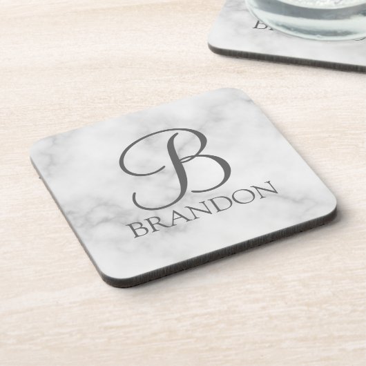白い大理石パーソナライズされたスクリプトのモノグラムと名前 コースター (左側)