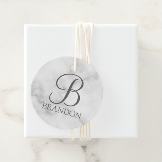 白い大理石パーソナライズされたスクリプトのモノグラムと名前 フェイバータグ (インサイチュ)