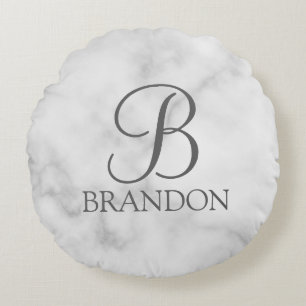 白い大理石パーソナライズされたスクリプトのモノグラムと名前 ラウンドクッション